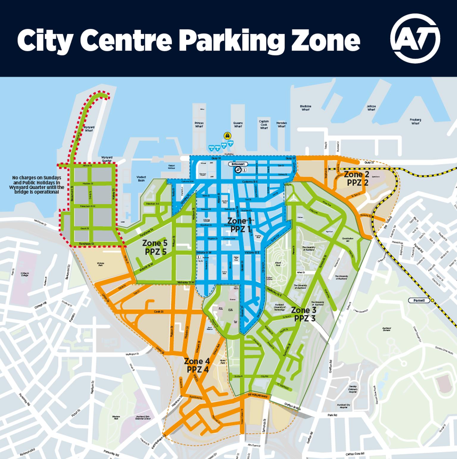 Map of City Centre Paid Parking Zone showing zone 1 in blue, zones 2 and 4 in orange, and zones 3 and 5 in green.