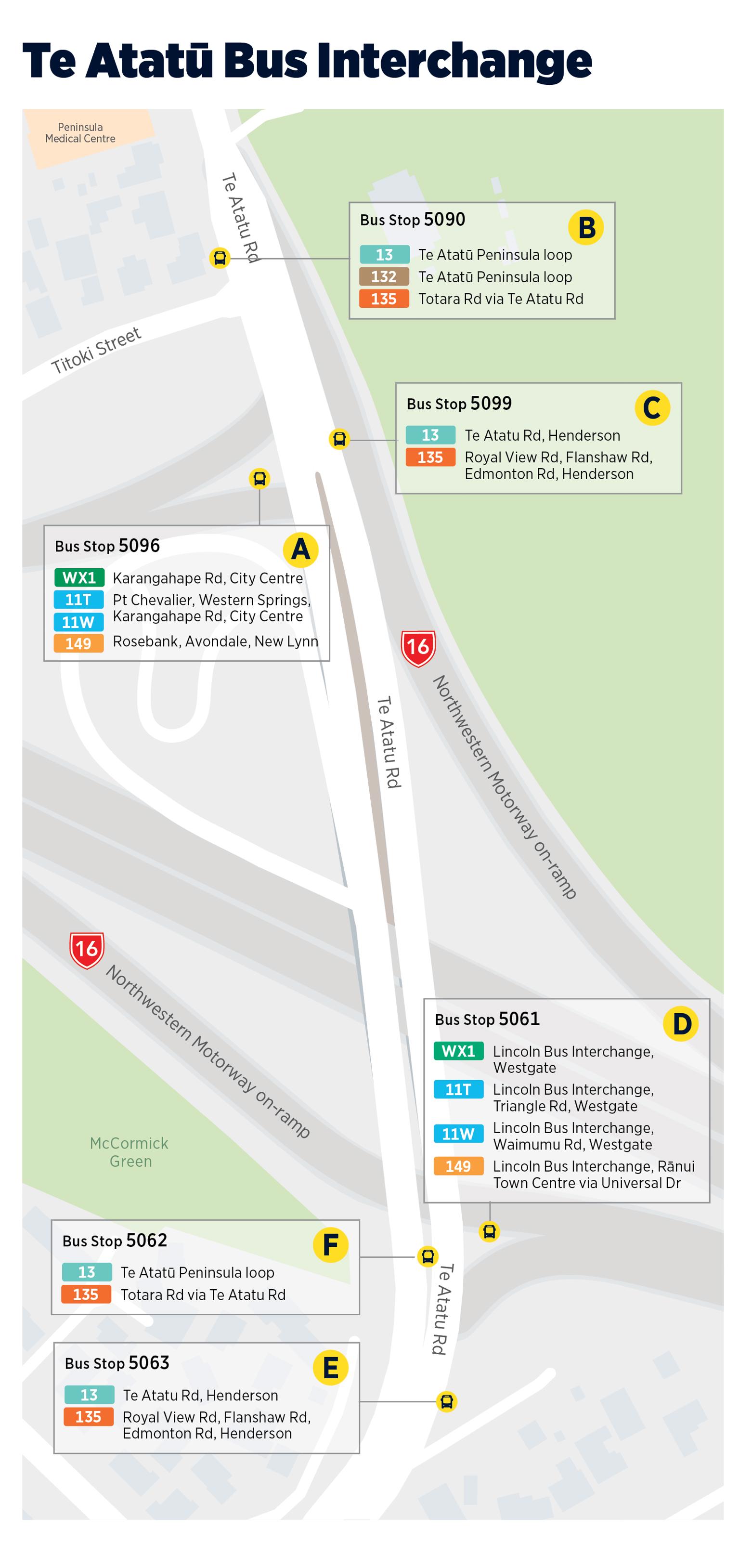 Image showing map of bus stops 5061, 5062, 5063, 5090, 5096, and 5099 on the Te Atatū bus interchange