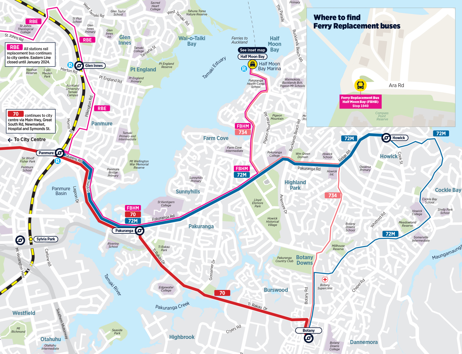 Map showing the ferry replacement bus routes available for the Half Moon Bay ferry.